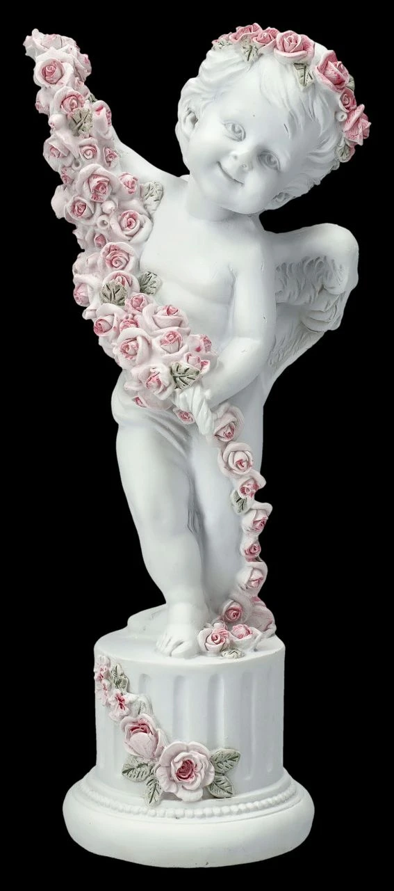 Engel Figur - Putte Mit Rosen Auf Säule 3 Engel Figur - Putte Mit Rosen Auf Säule